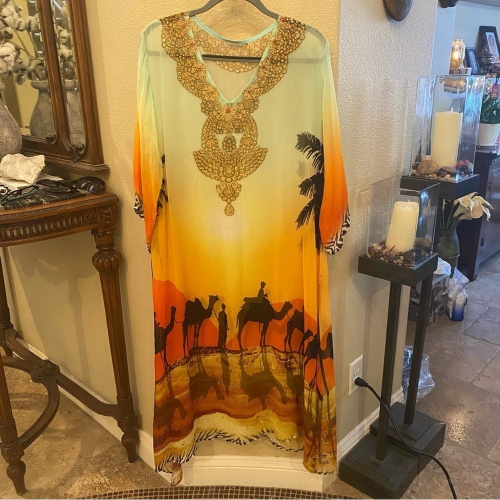 SOFT SURROUNDINGS Embellish Camel People Print Sheer Kaftan Dress Size PXL-RARE!